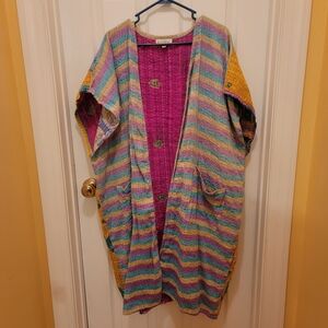 Striped Multicolor Kantha-Style Duster with Pockets